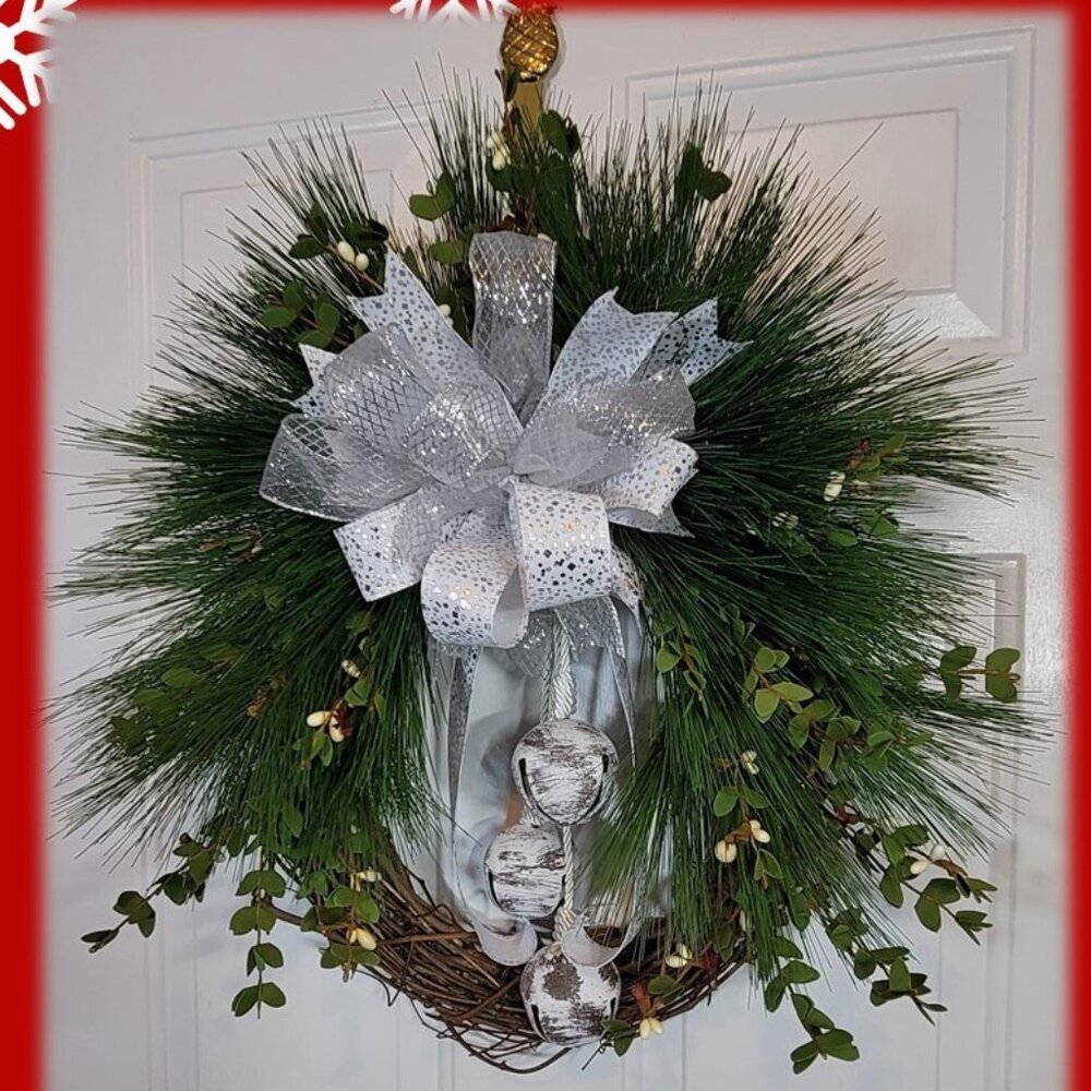 White Bells, White Berries, Pine Wreath, Winter Holiday Wreath, Hand Crafted